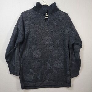 Vintage Huntington Ridge Floral Rose Knit Sweater Button Neck Pearl Detail Gray
